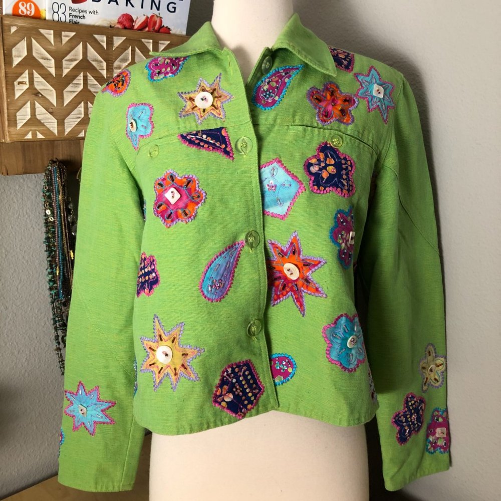 YAK MAGIK Patchwork Denim Jacket Women’s size S Green Beaded & Embroidered NEW